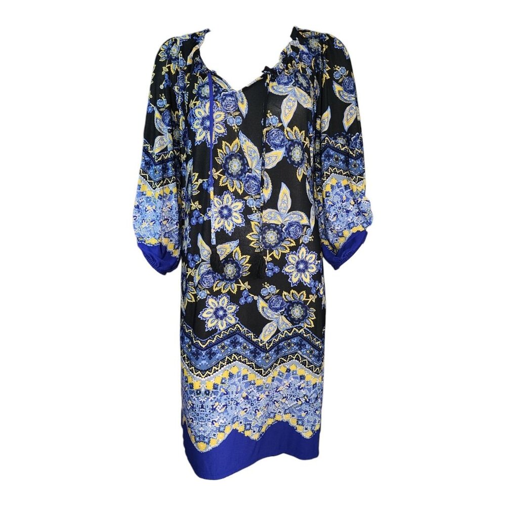 EnFocus‎ Studio Dress Womens Size 12 Blue Yellow Floral 3/4 Sleeve Boho Dainty